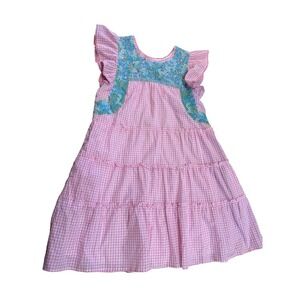 J Marie Embroidered Genevieve Tiered Midi Dress Pink White Flutter Sleeves Small